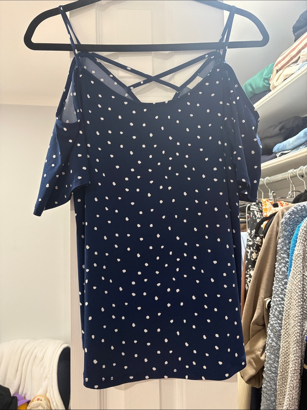 Kaileigh Navy Polka Dot Cold-Shoulder Camisole with Strappy Back